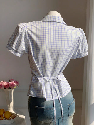 Women's Stripe Short Puff Sleeve Single-Breasted Casual Cute Shirt