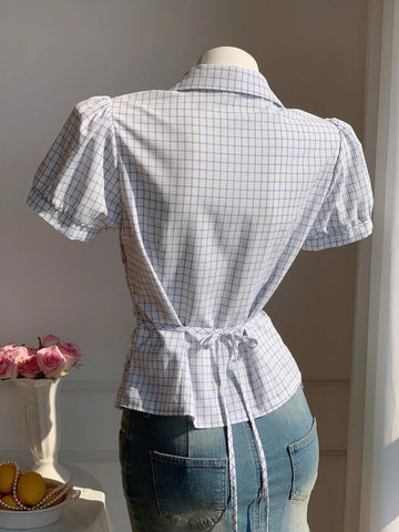 Women's Stripe Short Puff Sleeve Single-Breasted Casual Cute Shirt