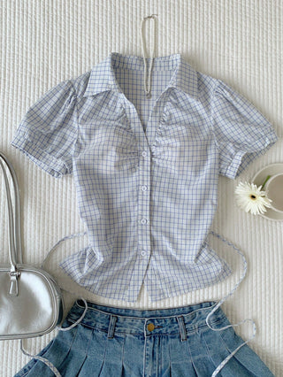 Women's Stripe Short Puff Sleeve Single-Breasted Casual Cute Shirt