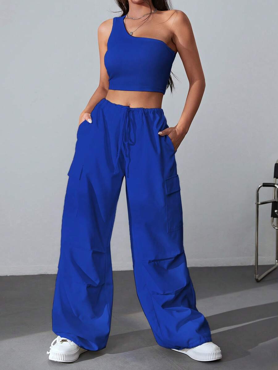 Coolane One Shoulder Crop Top & Drawstring Waist Flap Pocket Side Cargo Pants