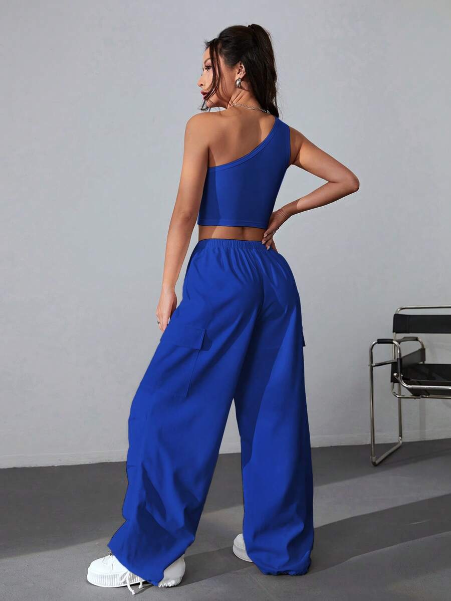 Coolane One Shoulder Crop Top & Drawstring Waist Flap Pocket Side Cargo Pants