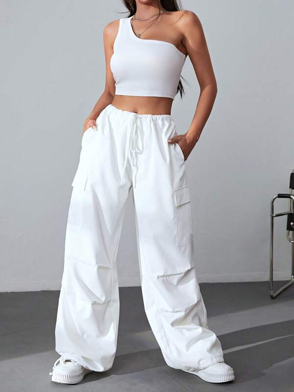 Coolane One Shoulder Crop Top & Drawstring Waist Flap Pocket Side Cargo Pants