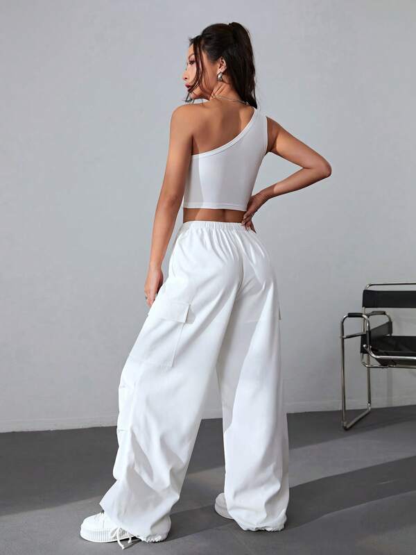 Coolane One Shoulder Crop Top & Drawstring Waist Flap Pocket Side Cargo Pants