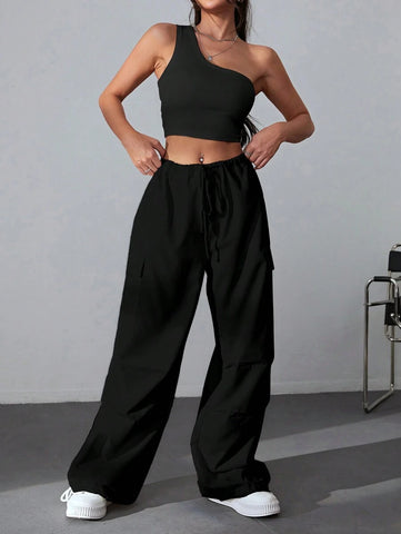 Coolane One Shoulder Crop Top & Drawstring Waist Flap Pocket Side Cargo Pants