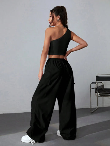 Coolane One Shoulder Crop Top & Drawstring Waist Flap Pocket Side Cargo Pants