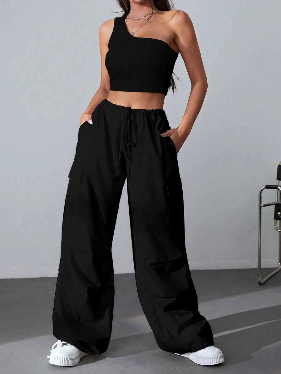 Coolane One Shoulder Crop Top & Drawstring Waist Flap Pocket Side Cargo Pants