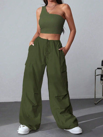 Coolane One Shoulder Crop Top & Drawstring Waist Flap Pocket Side Cargo Pants