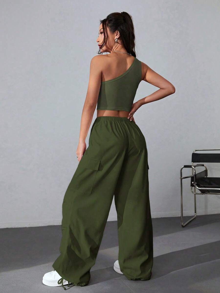 Coolane One Shoulder Crop Top & Drawstring Waist Flap Pocket Side Cargo Pants