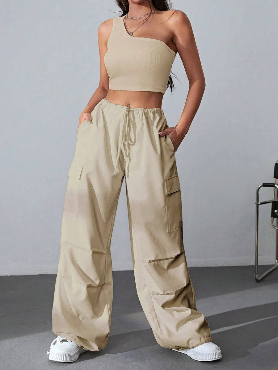 Coolane One Shoulder Crop Top & Drawstring Waist Flap Pocket Side Cargo Pants