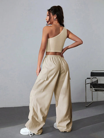 Coolane One Shoulder Crop Top & Drawstring Waist Flap Pocket Side Cargo Pants