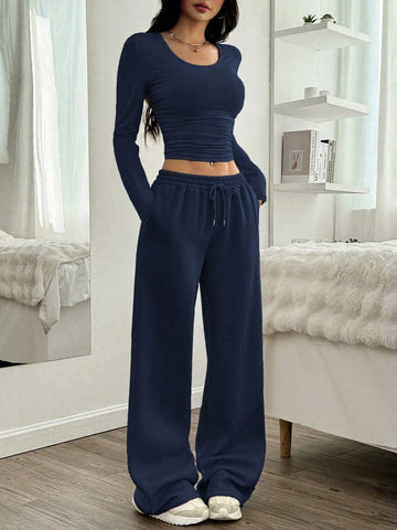 Women Casual Round Neck Long Sleeve Top And Pants Set
