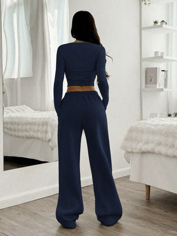 Women Casual Round Neck Long Sleeve Top And Pants Set