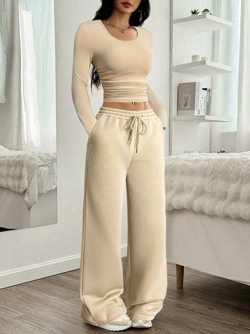 Women Casual Round Neck Long Sleeve Top And Pants Set