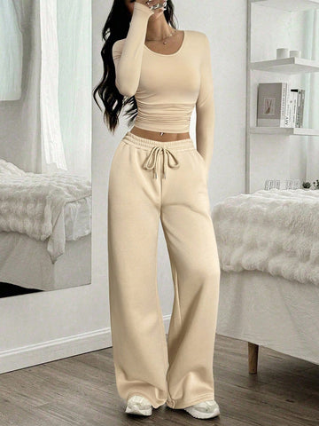 Women Casual Round Neck Long Sleeve Top And Pants Set