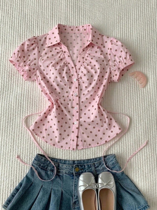 Women's Stripe Short Puff Sleeve Single-Breasted Casual Cute Shirt