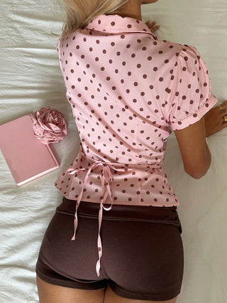 Women's Stripe Short Puff Sleeve Single-Breasted Casual Cute Shirt