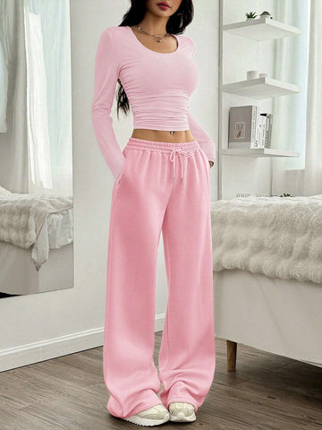 Women Casual Round Neck Long Sleeve Top And Pants Set