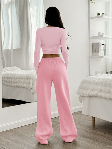 Women Casual Round Neck Long Sleeve Top And Pants Set