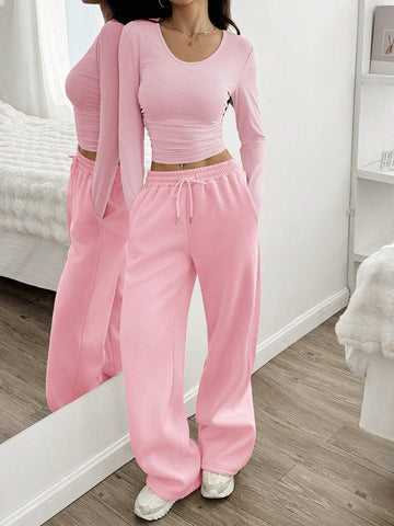 Women Casual Round Neck Long Sleeve Top And Pants Set