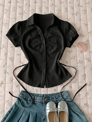 Women's Stripe Short Puff Sleeve Single-Breasted Casual Cute Shirt