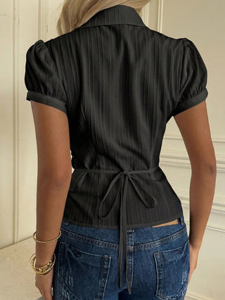 Women's Stripe Short Puff Sleeve Single-Breasted Casual Cute Shirt