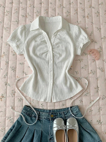 Women's Striped Short Puff Sleeve Single-Breasted Casual Shirt