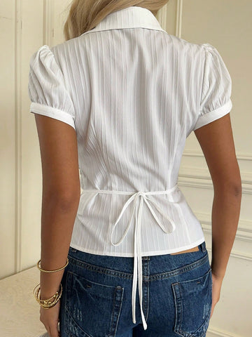 Women's Striped Short Puff Sleeve Single-Breasted Casual Shirt