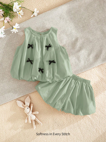 Baby Girl Bow Decor Round Neck Sleeveless Top And Elastic Waist Shorts