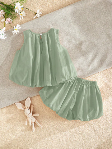 Baby Girl Bow Decor Round Neck Sleeveless Top And Elastic Waist Shorts