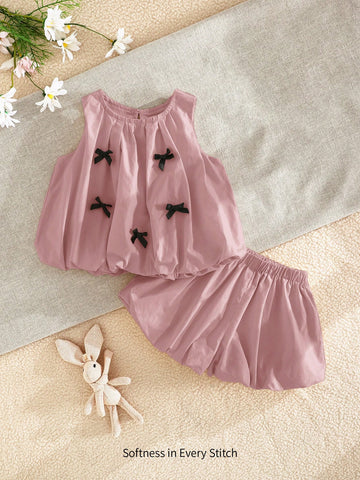 Baby Girl Bow Decor Round Neck Sleeveless Top And Elastic Waist Shorts