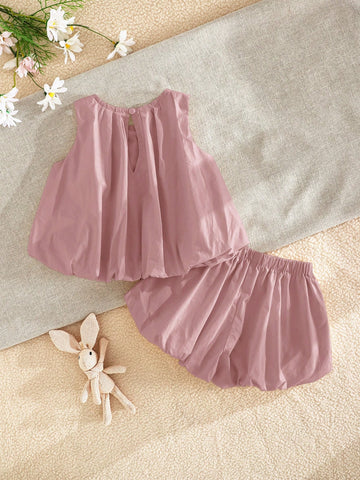 Baby Girl Bow Decor Round Neck Sleeveless Top And Elastic Waist Shorts