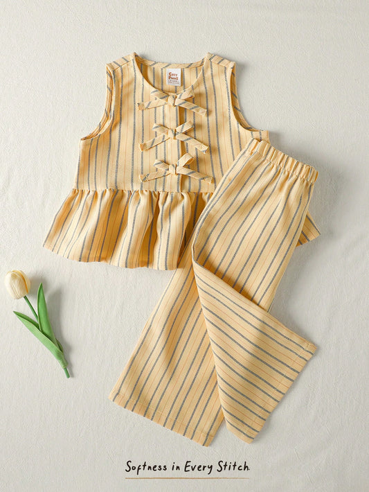 Cozy Pixies Baby Girl Colorful Striped Crew Neck Sleeveless Cardigan Top And Elastic Waist Shorts