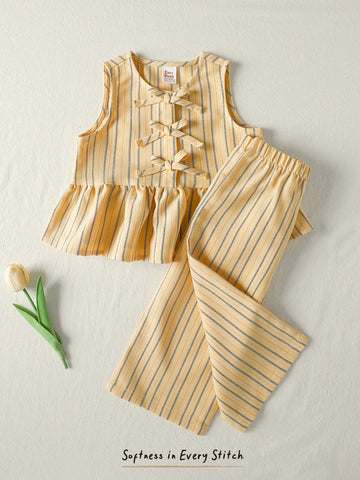 Cozy Pixies Baby Girl Colorful Striped Crew Neck Sleeveless Cardigan Top And Elastic Waist Shorts