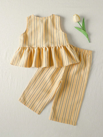 Cozy Pixies Baby Girl Colorful Striped Crew Neck Sleeveless Cardigan Top And Elastic Waist Shorts