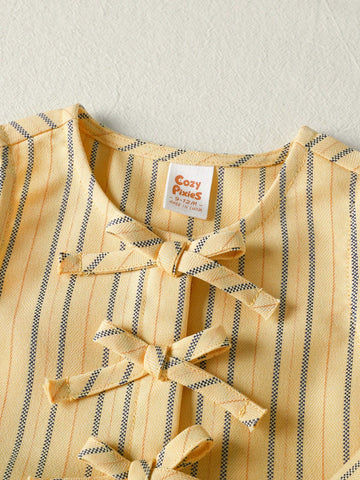 Cozy Pixies Baby Girl Colorful Striped Crew Neck Sleeveless Cardigan Top And Elastic Waist Shorts