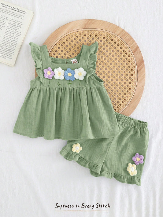 Floral Embroidery Crew Neck Top With Puff Sleeves And Elastic Waist Shorts