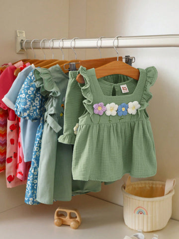 Floral Embroidery Crew Neck Top With Puff Sleeves And Elastic Waist Shorts