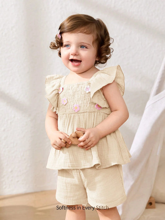 Baby Girl 3D Flower Collar Ruffle Sleeveless Vest And Elastic Waist Shorts