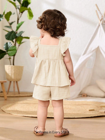 Baby Girl 3D Flower Collar Ruffle Sleeveless Vest And Elastic Waist Shorts
