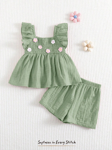 Baby Girl 3D Flower Collar Ruffle Sleeveless Vest And Elastic Waist Shorts