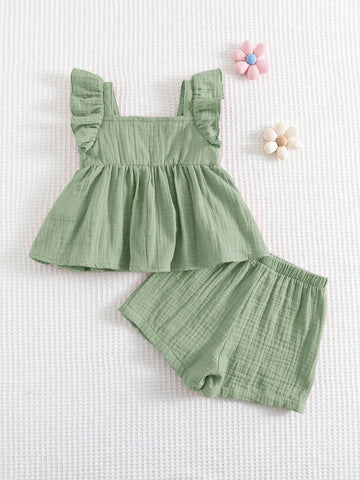 Floral Embroidery Crew Neck Top With Puff Sleeves And Elastic Waist Shorts
