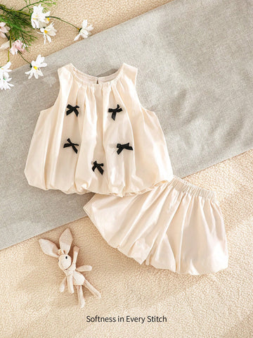 Baby Girl Bow Decor Round Neck Sleeveless Top And Elastic Waist Shorts