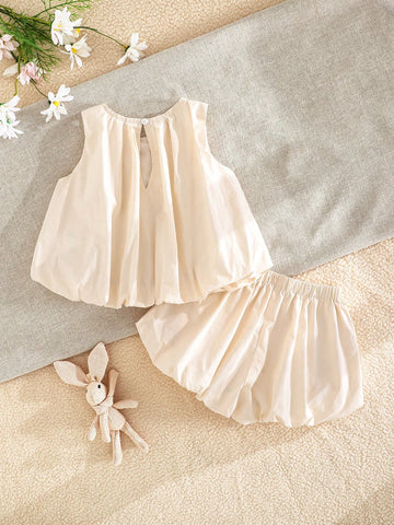 Baby Girl Bow Decor Round Neck Sleeveless Top And Elastic Waist Shorts