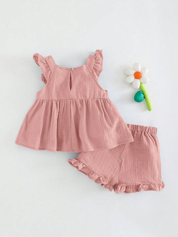 Floral Embroidery Crew Neck Top With Puff Sleeves And Elastic Waist Shorts