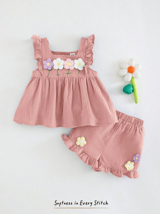 Floral Embroidery Crew Neck Top With Puff Sleeves And Elastic Waist Shorts