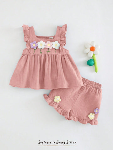 Floral Embroidery Crew Neck Top With Puff Sleeves And Elastic Waist Shorts