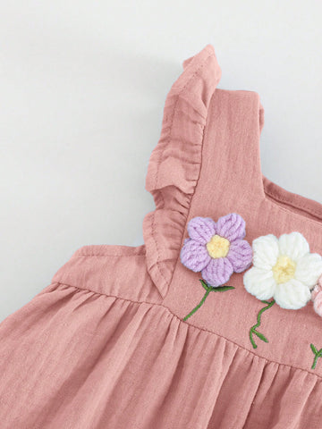 Floral Embroidery Crew Neck Top With Puff Sleeves And Elastic Waist Shorts