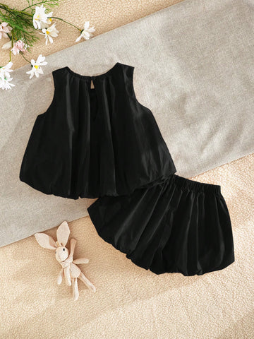 Baby Girl Bow Decor Round Neck Sleeveless Top And Elastic Waist Shorts