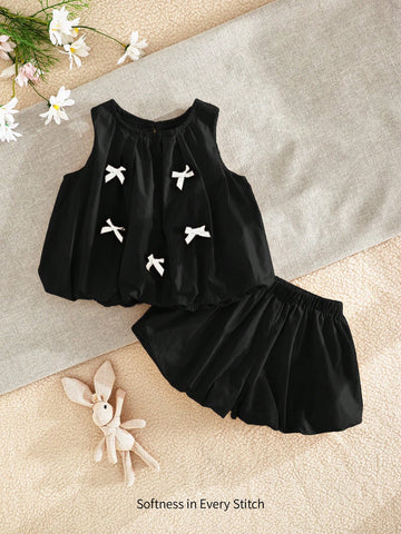 Baby Girl Bow Decor Round Neck Sleeveless Top And Elastic Waist Shorts