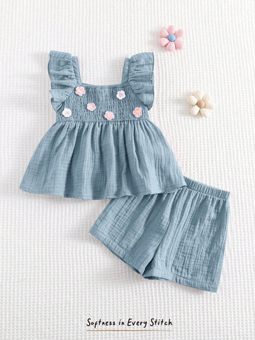 Baby Girl 3D Flower Collar Ruffle Sleeveless Vest And Elastic Waist Shorts